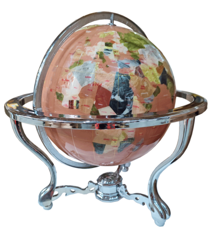 Gemstone globe tabletop 33 cm pink sand 3-legs stand crome plated finish