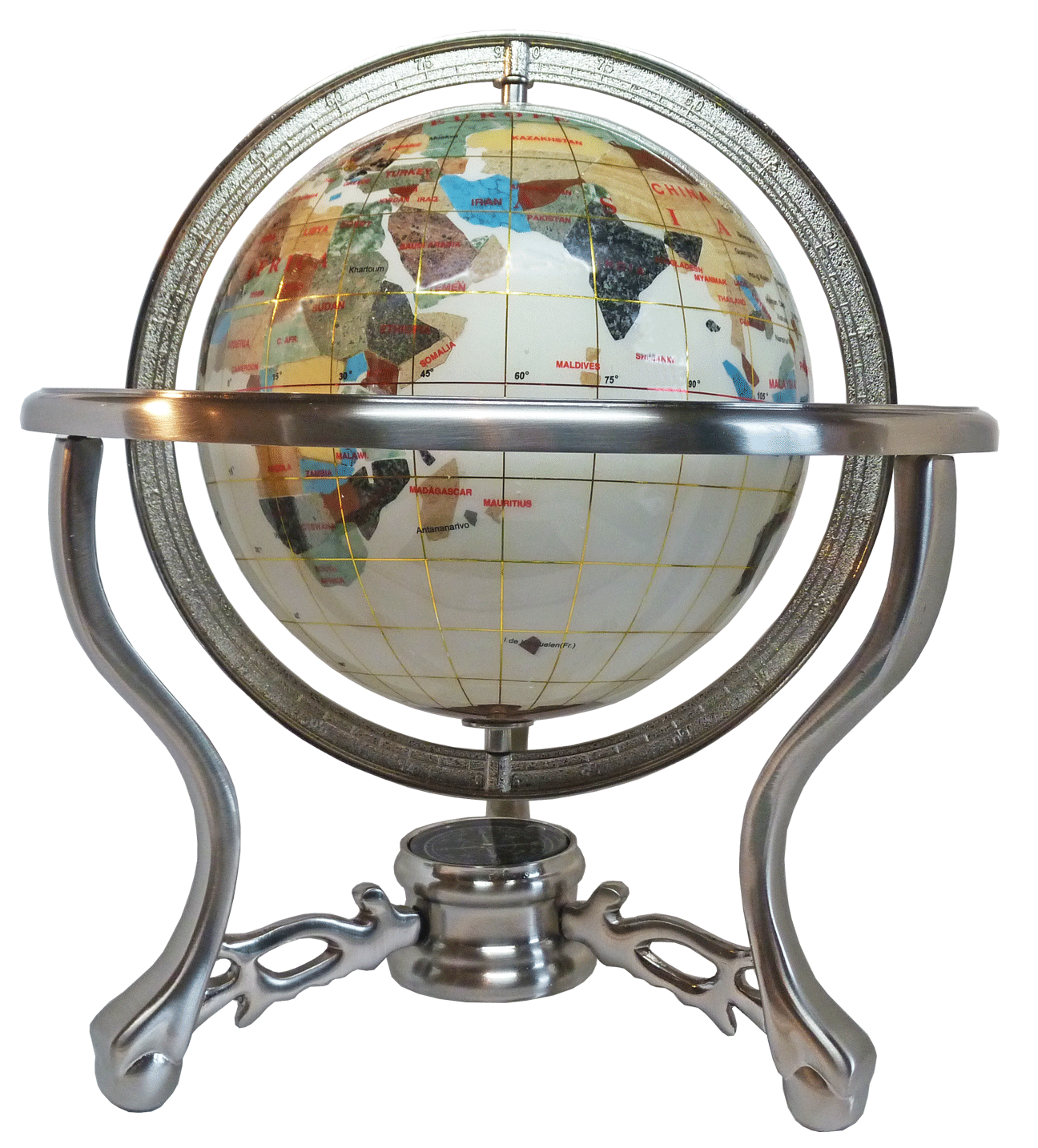 Gemstone globe tabletop 15 cm white 3-leg stand silver finish