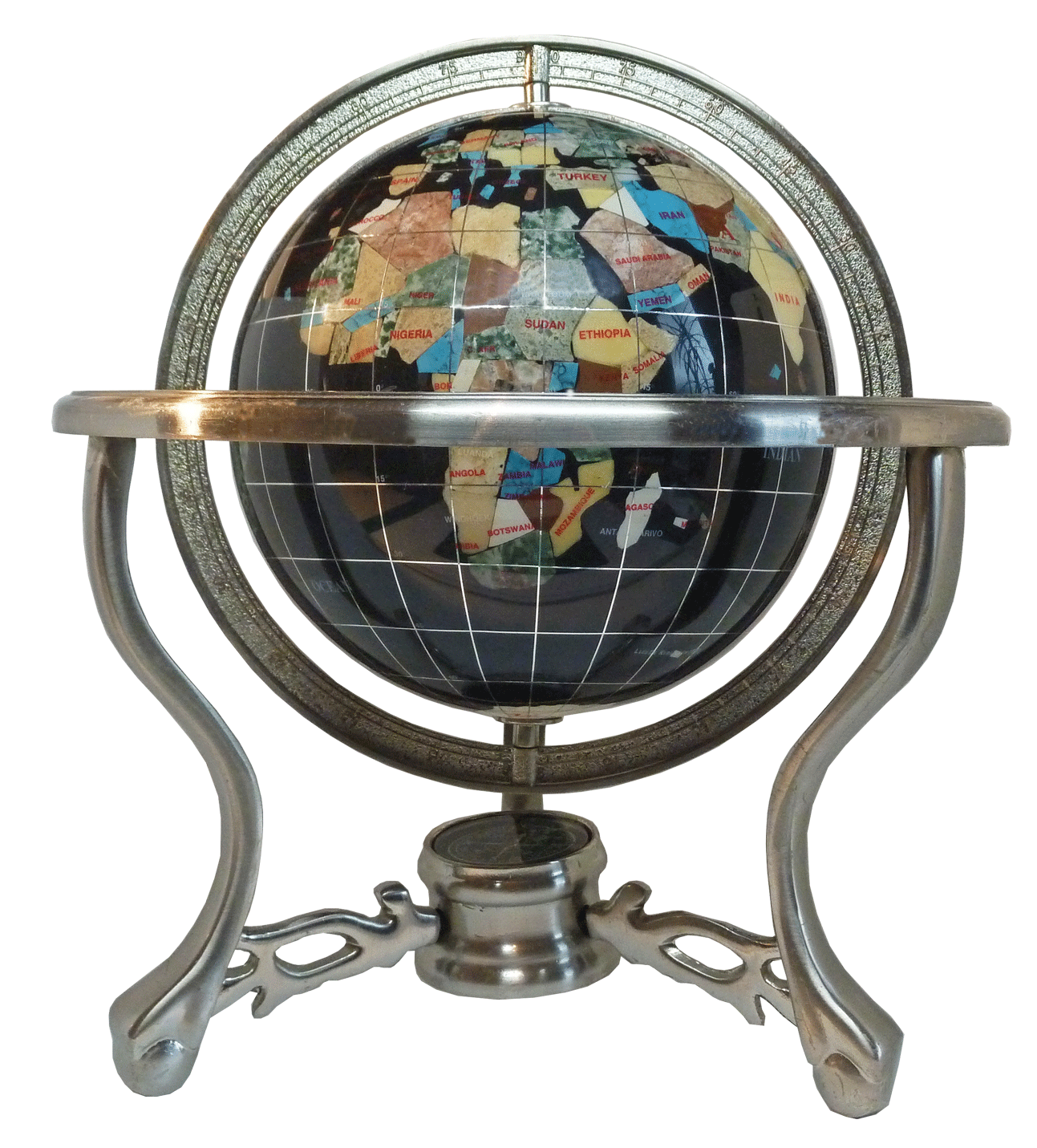 Gemstone globe tabletop 15 cm black onyx 3-leg stand silver finish