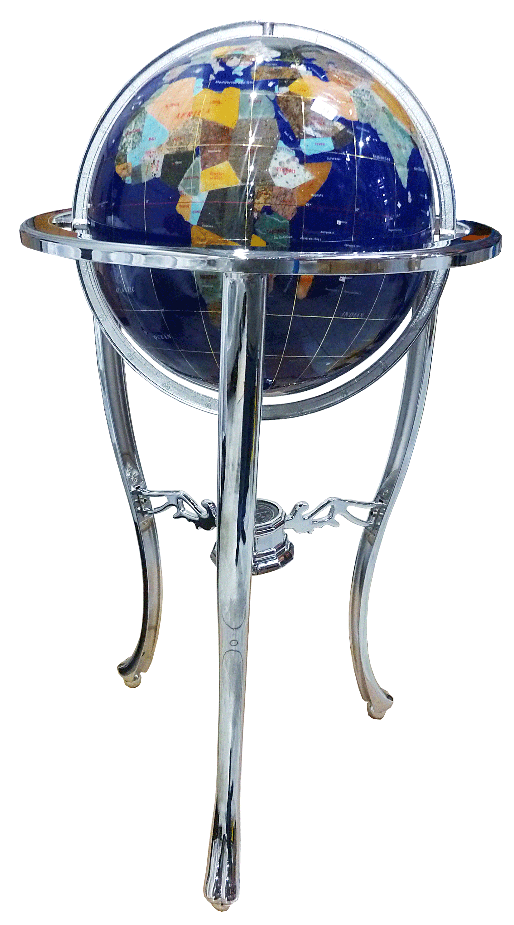 Gemstone globe on floor 3-Legs stand white chrome finish 33 cm diameter blue ocean