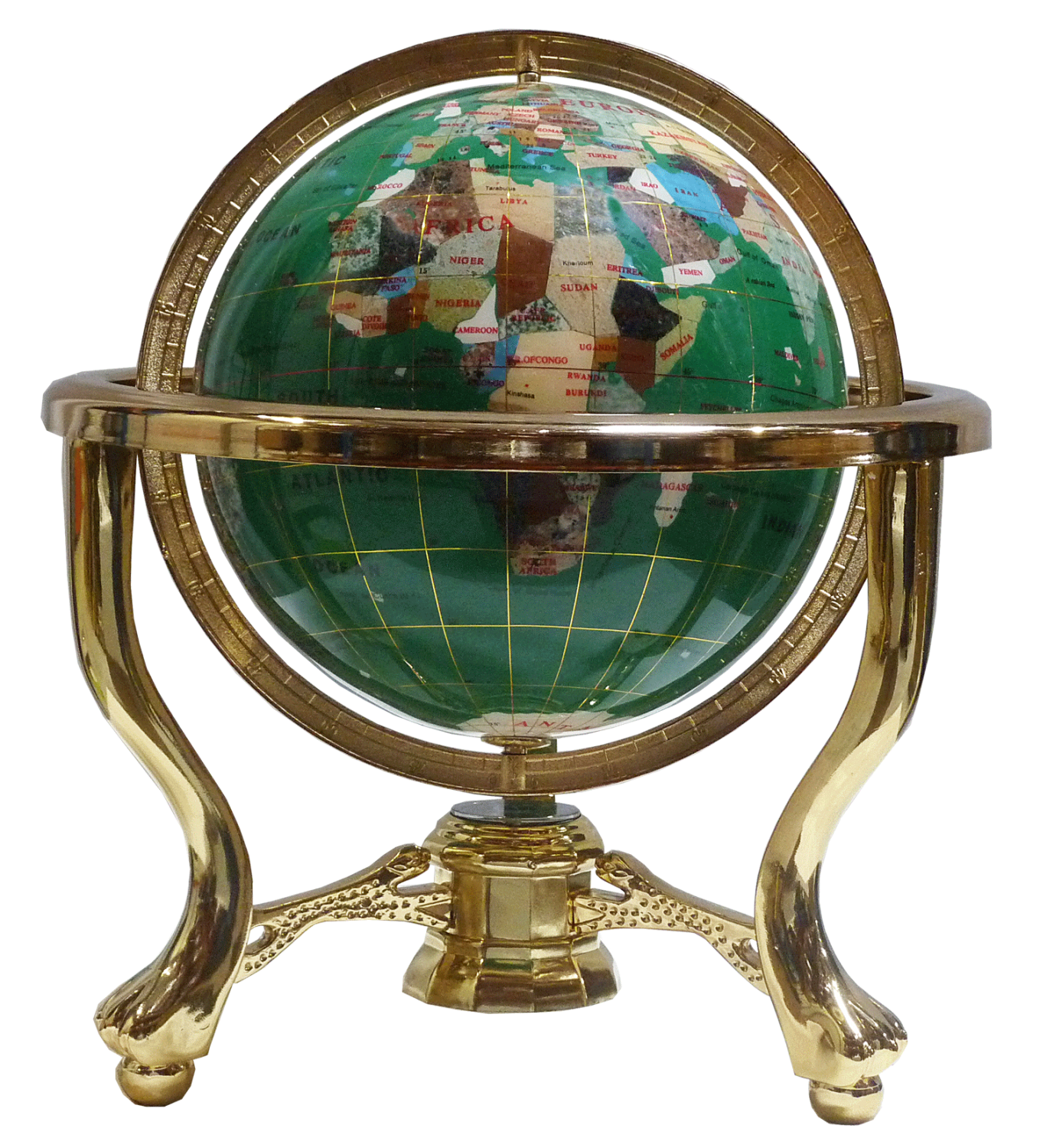 Gemstone globe tabletop 22 cm green 3-leg stand gold finish