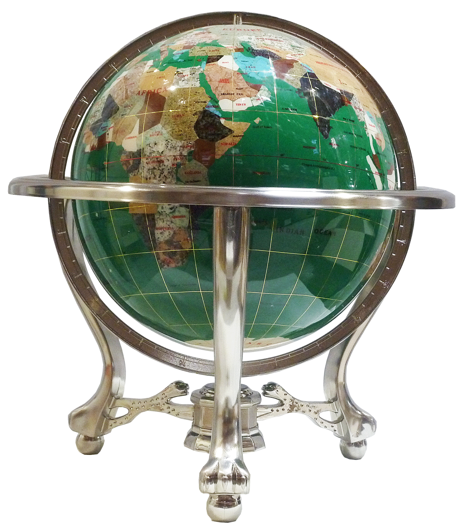 Gemstone globe tabletop 33 cm green 3-leg stand silver finish