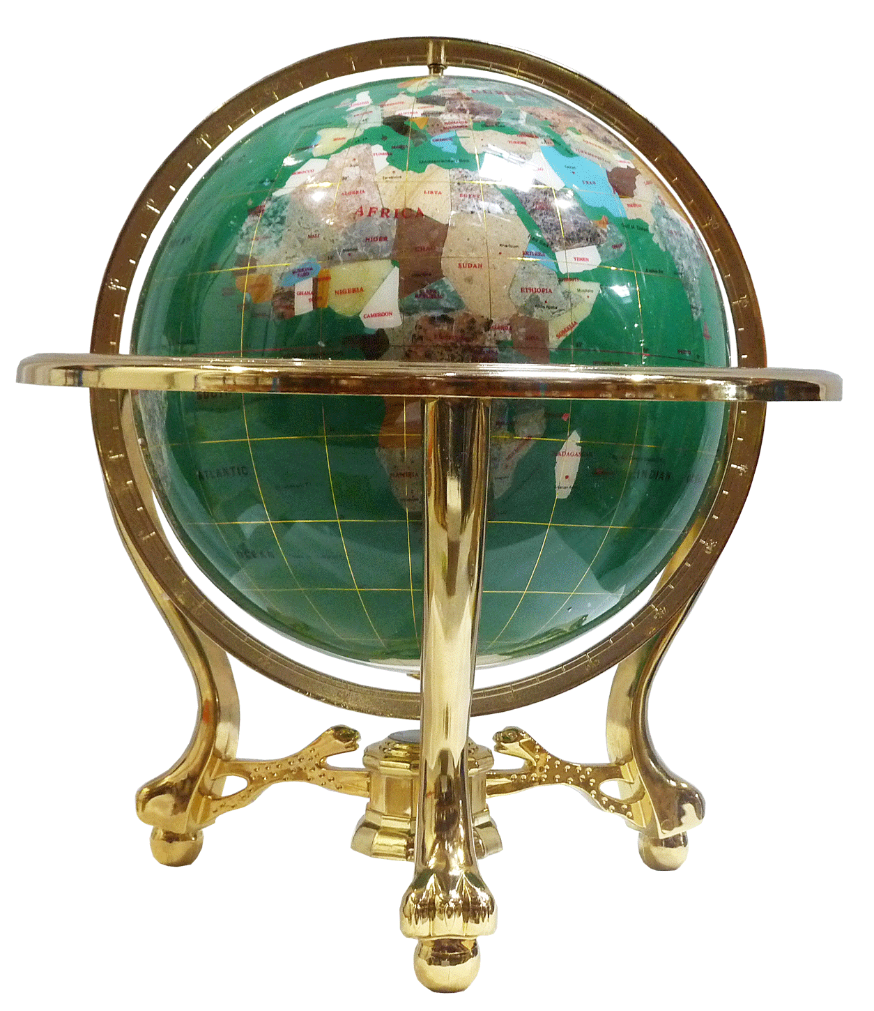 Gemstone globe tabletop 33 cm green 3-leg stand gold finish