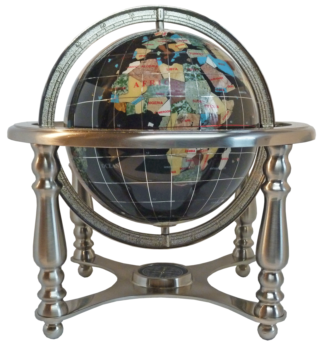 Gemstone globe tabletop 15 cm black onyx 4-legs stand silver finish
