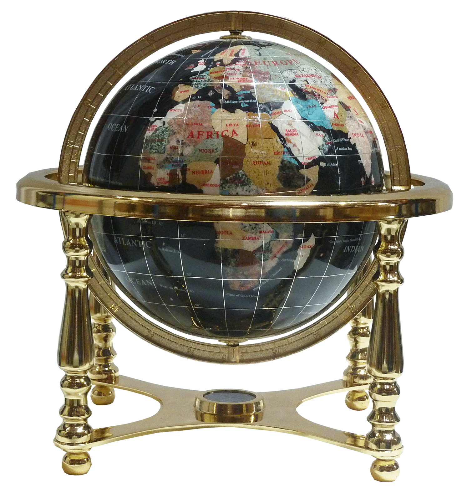 Gemstone globe tabletop 33 cm black onyx 4-legs stand gold finish