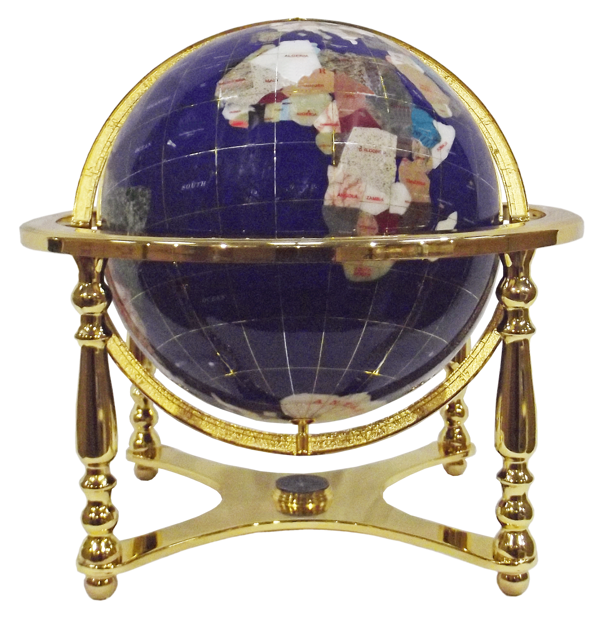 Gemstone globe tabletop 33 cm blue lapis 4-legs stand gold finish