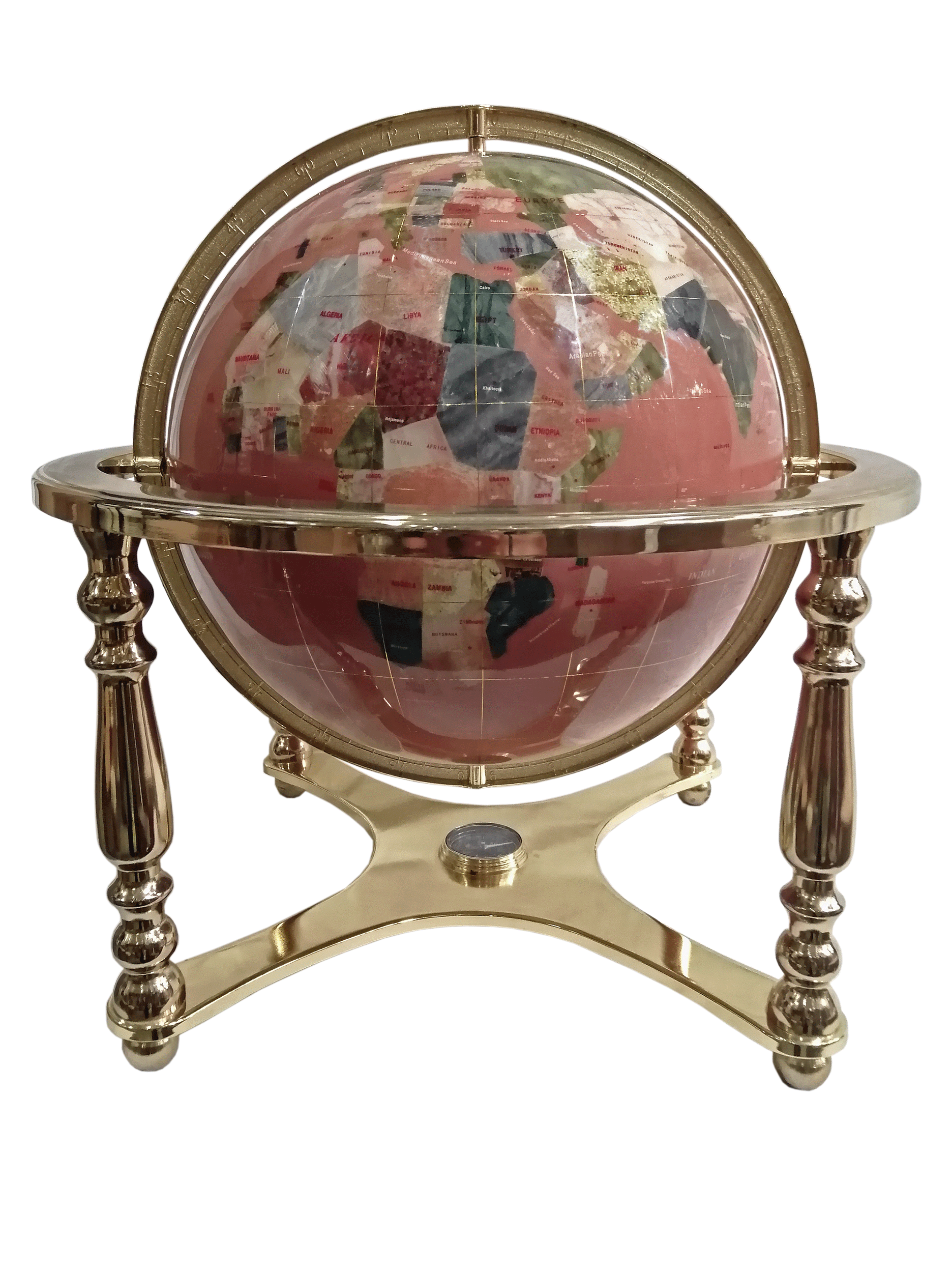 Gemstone globe tabletop 33 cm pink sand 4-legs stand gold finish